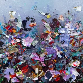 Wenskaart met kunst in blauw- en paarstinten