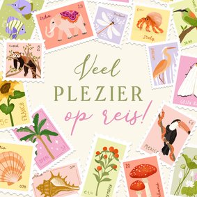 Wenskaart met postzegels veel plezier op reis 