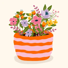 Wenskaart met pot met vrolijke bloemen