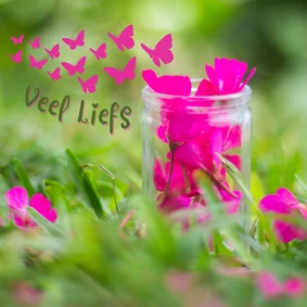 Wenskaart met roze bloemen en vlinders in groene natuur
