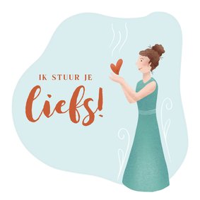 Wenskaart met vrouw die hartje stuurt met liefs