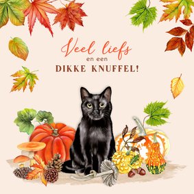 Wenskaart met zwarte kat in de herfst
