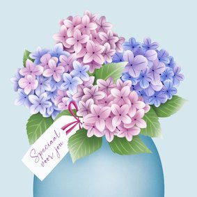 Wenskaart roze en blauwe hortensia's 