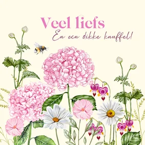 Wenskaart roze hortensia's in de tuin