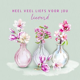 Wenskaart vaasjes magnolia en bloesem