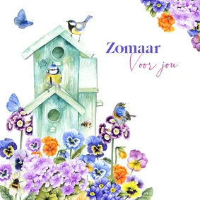 Wenskaart vogelhuisje bloemen