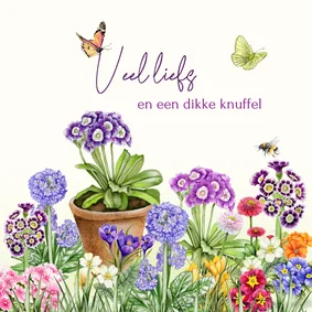 Wenskaart voorjaarsbloemen met vlinder en bij