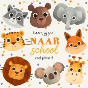 Wenskaart vrolijke dieren confetti naar school veel plezier