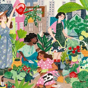 Wenskaart vrouw natuur tuin illustratie