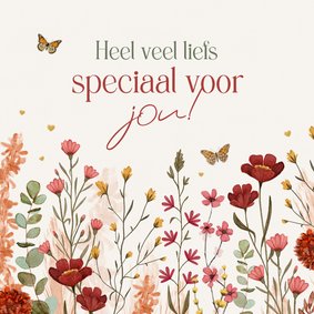 Wenskaart wilde bloemen veel liefs vlinders hartjes