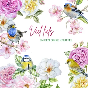 Wenskaart zomaar bloemen vogeltjes