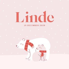 Winters geboortekaartje voor een zusje met ijsbeertjes roze