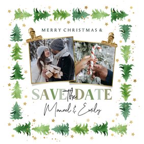 Winterse kerst Save the date watercolor kerstbomen goud foto