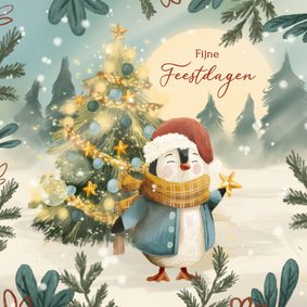 Winterse kerstkaart met pinguïn en kerstboom