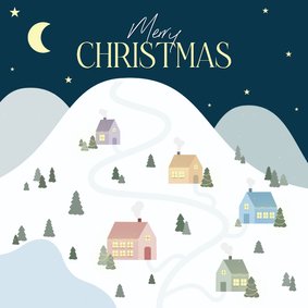 Winterse kerstkaartjes met kerstdorpje in de sneeuw