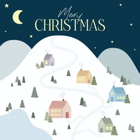Winterse kerstkaartjes met kerstdorpje in de sneeuw