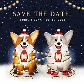 Winterse Save the Date kaart met 2 corgi honden en lampjes