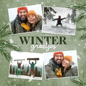 Winterse vakantiekaart groen sneeuw fotocollage dennentakjes