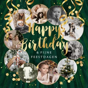 Winterse verjaardagskaart fotocollage confetti goudlook