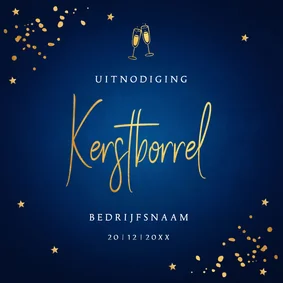 Zakelijke kerstborrel uitnodiging blauw goudlook champagne