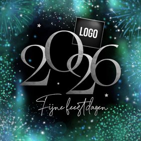Zakelijke kerstkaart 2026 vuurwerk blauw groen zilver