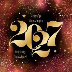 Zakelijke kerstkaart 2027 goud rood vuurwerk sterren