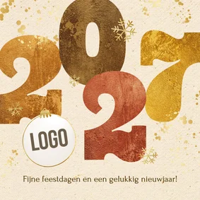 Zakelijke kerstkaart 2027 linnen cijfers goud sneeuw spetter