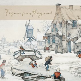 Zakelijke kerstkaart Anton Pieck besneeuwd landschap molen