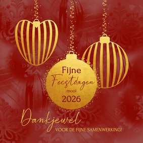 Zakelijke kerstkaart bedankt rood met gouden kerstballen 
