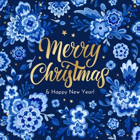 Zakelijke kerstkaart delfts blauw bloemen sprankelend goud
