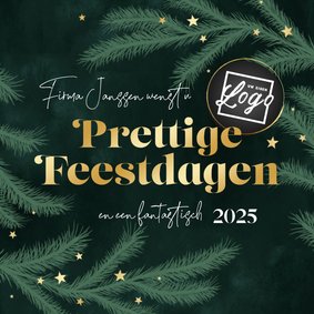 Zakelijke kerstkaart dennentakjes groen goud sterren logo