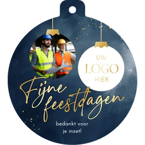 Zakelijke kerstkaart donkerblauw met twee foto kerstbalvorm