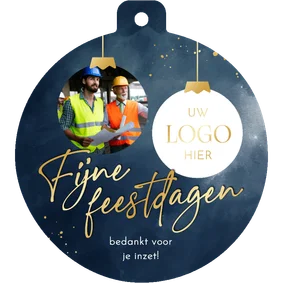 Zakelijke kerstkaart donkerblauw met twee foto kerstbalvorm