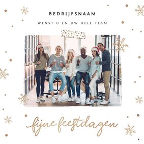 Zakelijke kerstkaart feestdagen goud sneeuwvlokken en foto