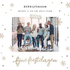 Zakelijke kerstkaart feestdagen goud sneeuwvlokken en foto