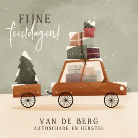 Zakelijke kerstkaart fijne feestdagen auto dozen kerstboom