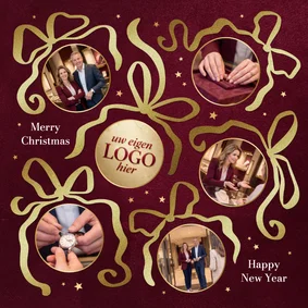 Zakelijke kerstkaart goud strikjes fotocollage sterren rood