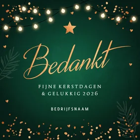 Zakelijke kerstkaart groen bedankt lampjes 2026 koperlook