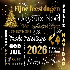 Zakelijke kerstkaart internationaal europees talen goud 2026