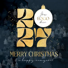 Zakelijke kerstkaart jaartal goud logo kerstbal dennenbomen