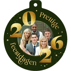 Zakelijke kerstkaart kerstbal foto 2026 jaartal goud sterren