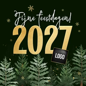 Zakelijke kerstkaart kerstbomen goud 2027 jaartal sneeuw