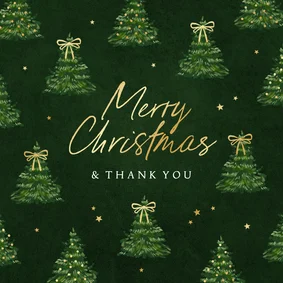 Zakelijke kerstkaart kerstbomen strikjes thank you