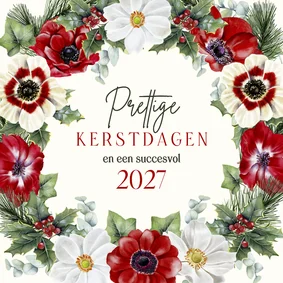 Zakelijke kerstkaart krans anemonen dennentakken