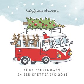 Zakelijke kerstkaart met kerstman en 3 rendieren in vwbusje