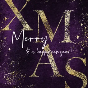Zakelijke kerstkaart paars 'Merry Xmas' goudlook sterren