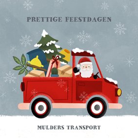 Zakelijke kerstkaart pickup truck kerstman en sneeuw