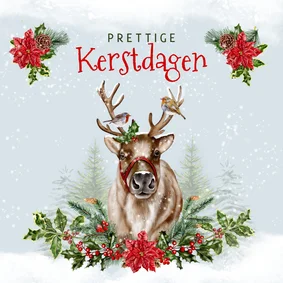 Zakelijke kerstkaart rendier roodborstjes in de sneeuw