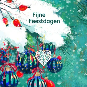 Zakelijke kerstkaart sneeuw op dennenboom en kerstballen