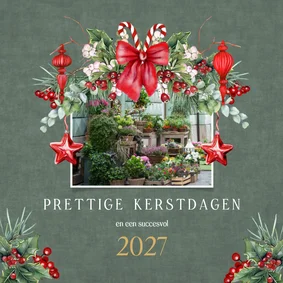 Zakelijke kerstkaart strik met takken en ornamenten